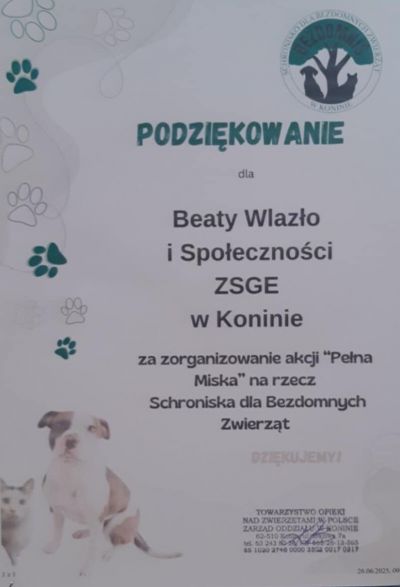 Podziękowanie dla ZSGE za udział w akcji charytatywnej "Pełna miska"
